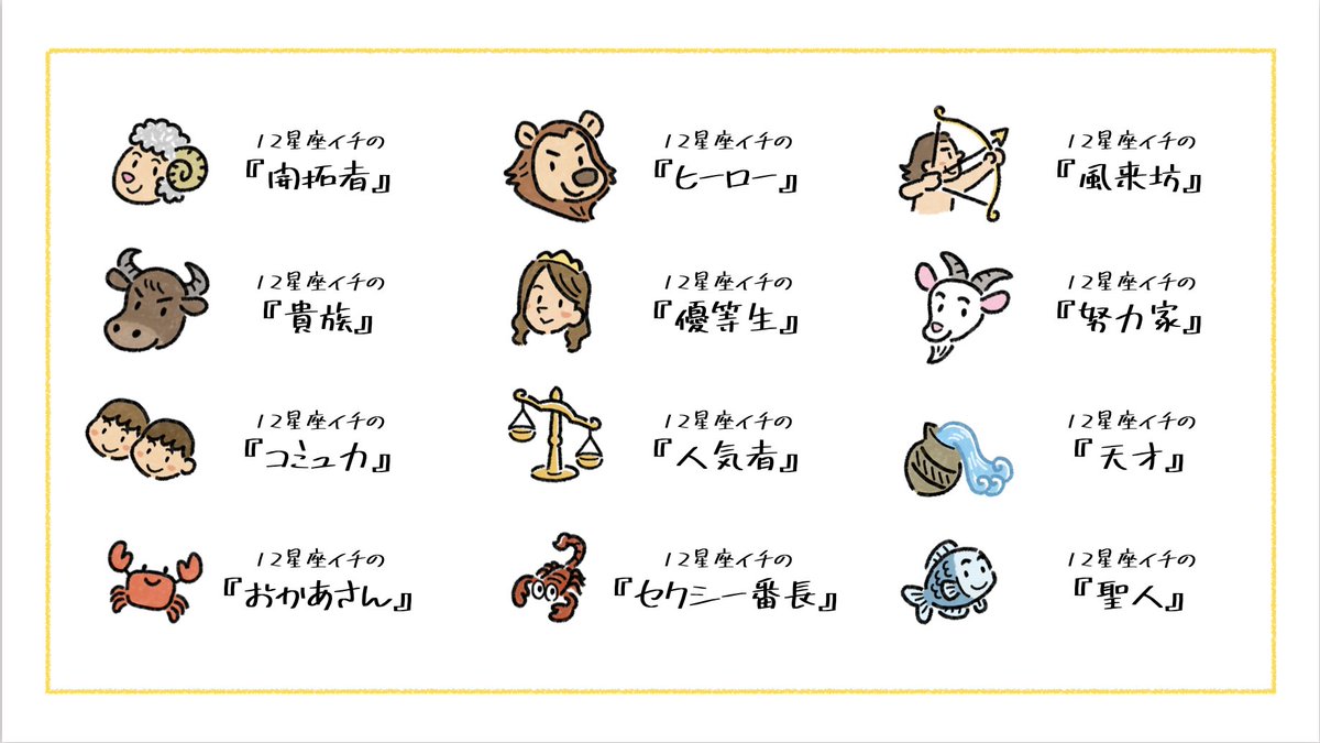 １２星座別 の『長所』と『短所』をまとめたよ。
それぞれに素敵な魅力が溢れてる。

🐏おひつじ座
長所：誠実で寛大。裏表なし
短所：せっかち。ときどき攻撃的

🐮おうし座
長所：センスがいい。穏やかでやさしい
短所：意固地で頑固

♊️ふたご座
長所：ノリがいい。フットワークが軽い