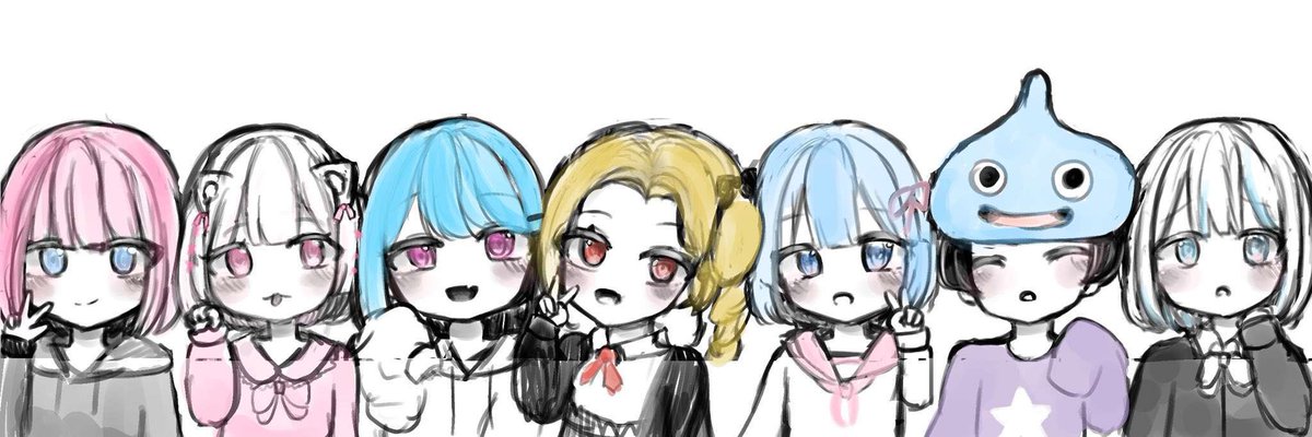こんな感じで6人のペアヘッダー描いてくれる人いませんか、出来ればミニキャラがいいです #アイコン依頼 #アイコン募集 #ヘッダー募集 #ヘッダー依頼