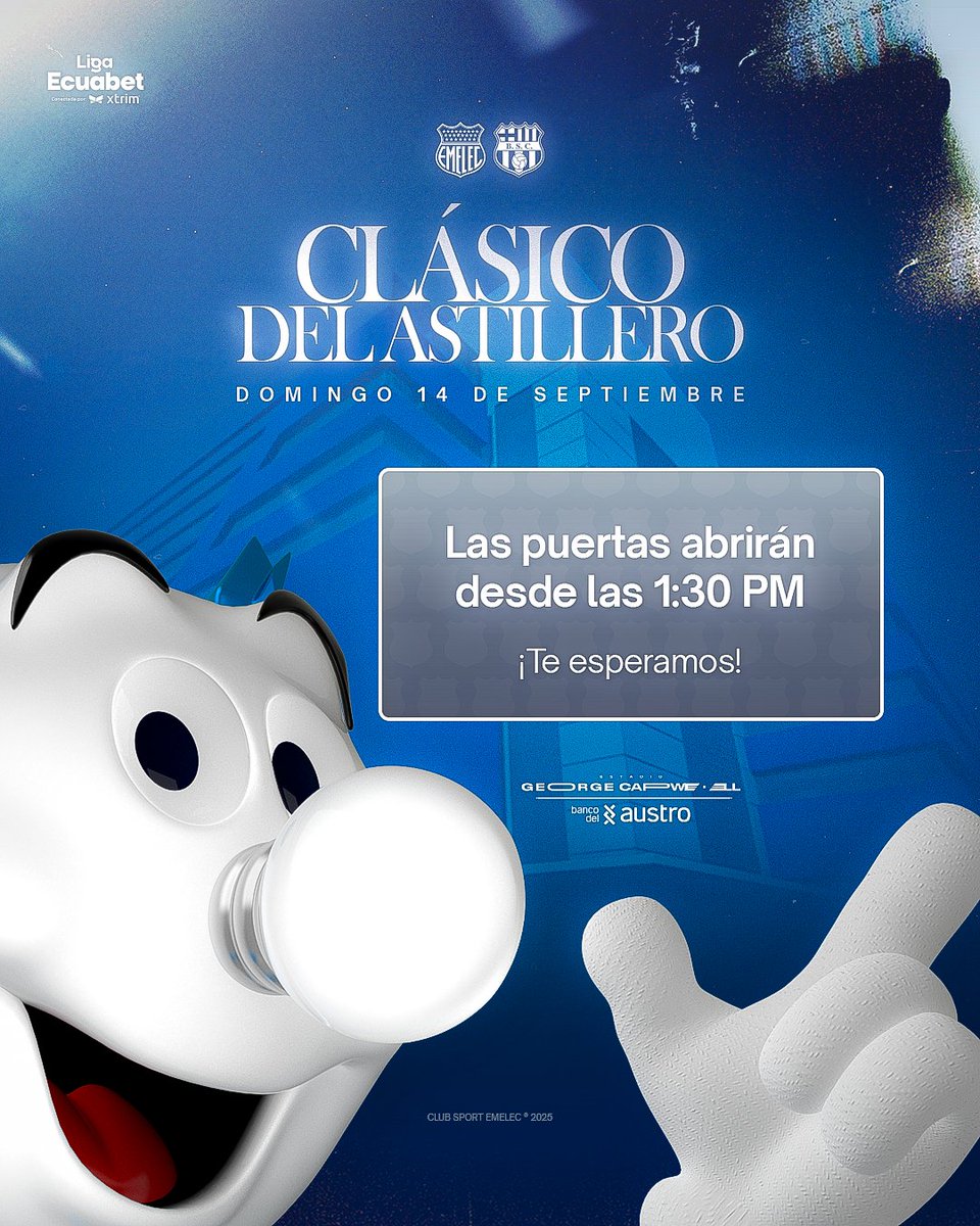 ¡Vamos <a href="/CSEmelec/">Club Sport Emelec</a>!

🗓️ Domingo 14 de septiembre
⏰ 1:30 PM
Ven temprano y vive la experiencia sin apuros ni complicaciones.

#ClásicoDelAstillero #MasUnidosQueNunca #VamosEmelec ⚡#Emelec
