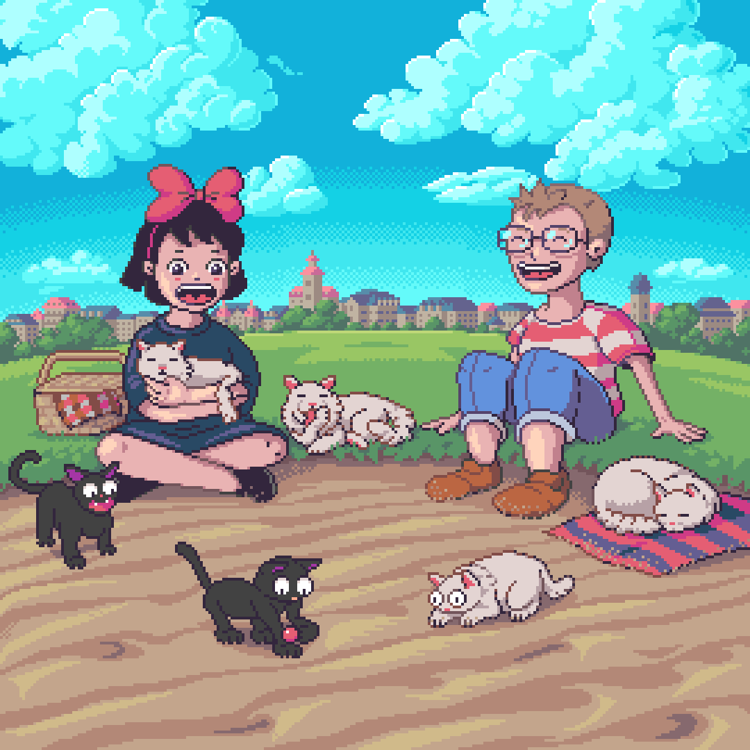 PriceRengy's tweet photo. A little Ghibli magic in pixel art 🌌✨ Kiki, Tombo, Jiji, Lily, and their kittens sharing a special moment. Wishing you a Sunday filled with warmth and dreams!
.
.
.
#pixelart #studioghibli #kikisdeliveryservice #fanart #ドット絵 https://t.co/5TAcnDPSv7