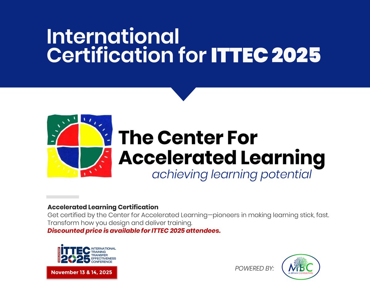 MbryanColtd's tweet image. Accelerated Learning Certification

Register for #ITTEC2025 and enjoy a discount on the Accelerated Learning Certification!

Design learning that sticks—faster &amp;amp; smarter.

Do not miss out: itteconference.com/registration.p… 

#AcceleratedLearning #LandD #ProfessionalDevelopment #ITTEC2025