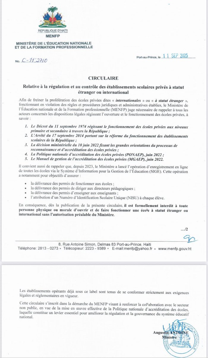 #Circulaire
Relative à la Régularisation et au Contrôle des établissements scolaires privés à statut étranger ou international

facebook.com/share/p/19fa9p…