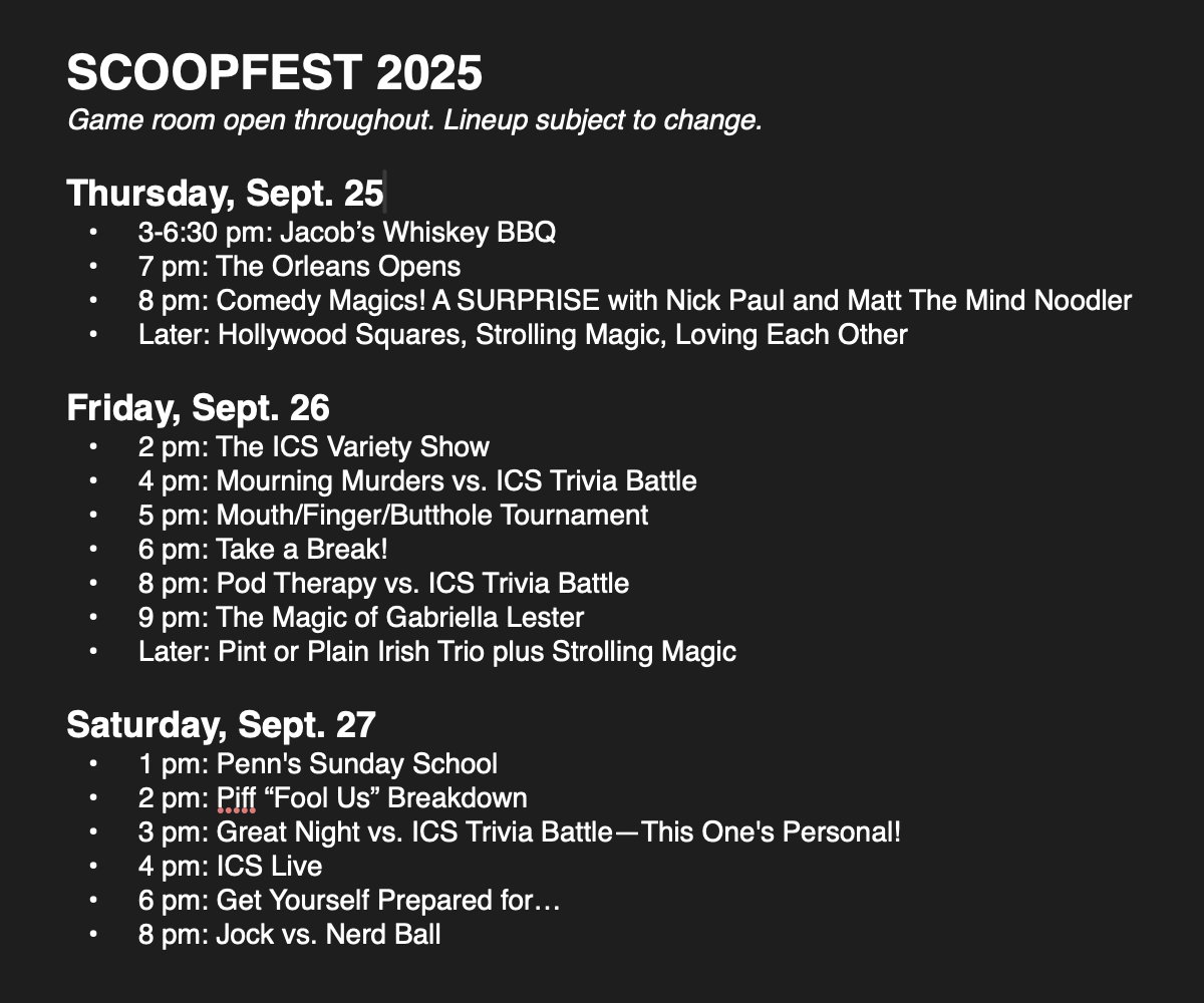 The schedule for ScoopFest 2025!