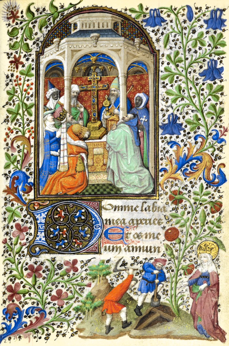 We adore you, O Christ, and we bless you,
because by your Cross you have redeemed the world.
The veneration of the True Cross in Jerusalem by secular and spiritual leaders from different parts of the world.
In the margins: St. Helena discovers the True Cross (326).
<a href="/BLMedieval/">Medieval Manuscripts</a> Ms