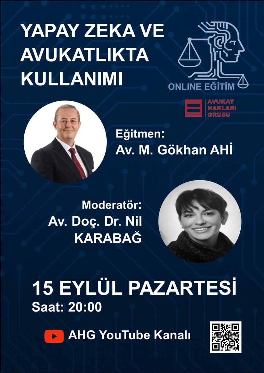 AVUKATLIKTA YAPAY ZEKA KULLANIMI - ONLINE EĞİTİM

Hukukun Dijital Geleceğine Hazır mıyız?

15 Eylül 2025 Pazartesi (YARIN)
Saat: 20.00
Yer: YouTube Canlı Yayın

Konuşmacı:
Av. M. Gökhan AHİ
Moderatör:
Doç. Dr. Nil KARABAĞ

Etkinlikte Neler Konuşulacak?
- Yapay zekânın avukatlık