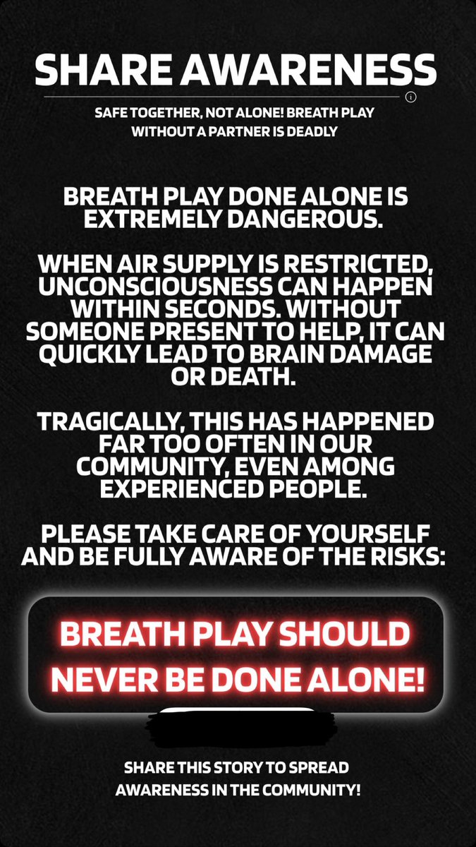 Do not breathplay alone. Full stop. 🖤 Hot kink, cold truth: breathplay can kill. Never do it alone. 🫁⛔️

Reshare to spread awareness ⚠️