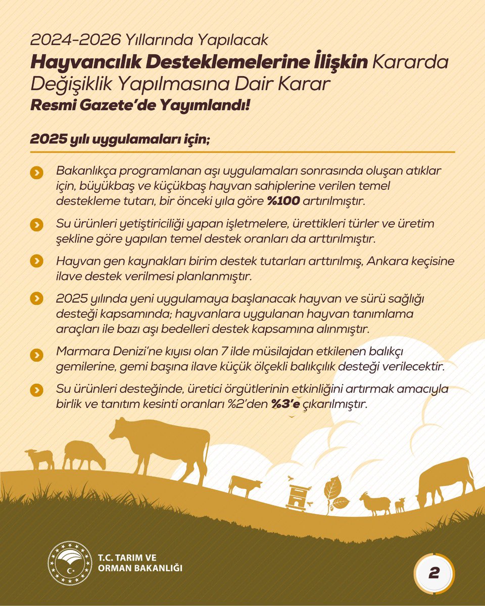🐄 2024-2026 Yıllarında Yapılacak Hayvancılık Desteklemelerine İlişkin Karar Değişiklikleri Resmi Gazete’de yayımlanarak yürürlüğe girdi.

🤝 Üreticimizin yanında olan, sektörümüzü güçlendiren düzenlemeler hayırlı olsun.
