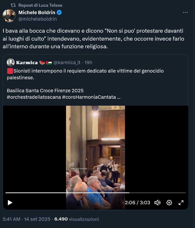 Signor Ernesto (@signorernesto) on Twitter photo Tre piccioni con una fava.
<a href="/lucatelese/">Luca Telese</a> , <a href="/micheleboldrin/">Michele Boldrin</a> e il cocomeraro.
Nel video vedete persone in attesa del concerto che si alzano durante la "dedica" del pezzo (farcita di propaganda Made in Hamas) e se ne vanno.
Nessuna funzione religiosa. Si trattava di un CONCERTO
1\ Tre piccioni con una fava.
<a href="/lucatelese/">Luca Telese</a> , <a href="/micheleboldrin/">Michele Boldrin</a> e il cocomeraro.
Nel video vedete persone in attesa del concerto che si alzano durante la "dedica" del pezzo (farcita di propaganda Made in Hamas) e se ne vanno.
Nessuna funzione religiosa. Si trattava di un CONCERTO
1\