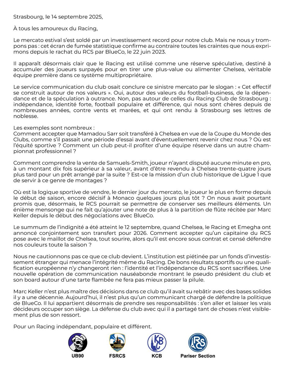 fsrcs's tweet image. Toutes les craintes suite à la vente du club se confirment mois après mois.

Nous n'accepterons jamais ce que Marc Keller a fait du club en le vendant à BlueCo.

Il est temps de partir.

#BlueCoOut

Allez Racing 🔵⚪