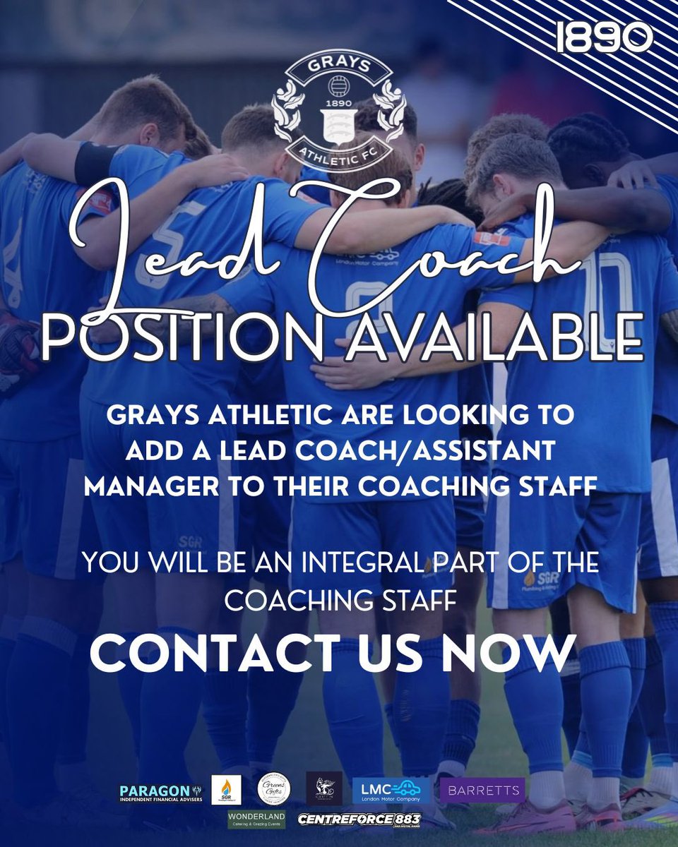 ⚽️Lead Coach Role - Available ⚽️

I am looking to add a lead coach/Assistant Manager to the coaching staff <a href="/GraysAthleticFC/">Grays Athletic Football Club</a> 

You would be an integral part of the staff! 

Please share and DM for more information

💙💙💙