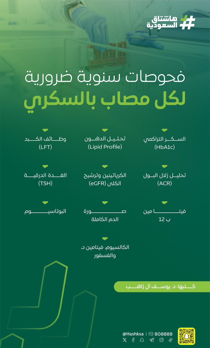 لمرضى السكري🚨

كثير مختبرات تسوي عروض بمناسبة اليوم الوطني

بعطيكم أهم التحاليل السنوية للسكري:

🔺السكر التراكمي (HbA1c)
🔺تحليل الدهون (Lipid Profile) 
🔺وظائف الكبد (LFT)
🔺تحليل زلال البول (ACR) 
🔺الكرياتينين وترشيح الكلى (eGFR)
🔺الغدة الدرقية (TSH) 
🔺فيتامين ب ١٢
🔺صورة