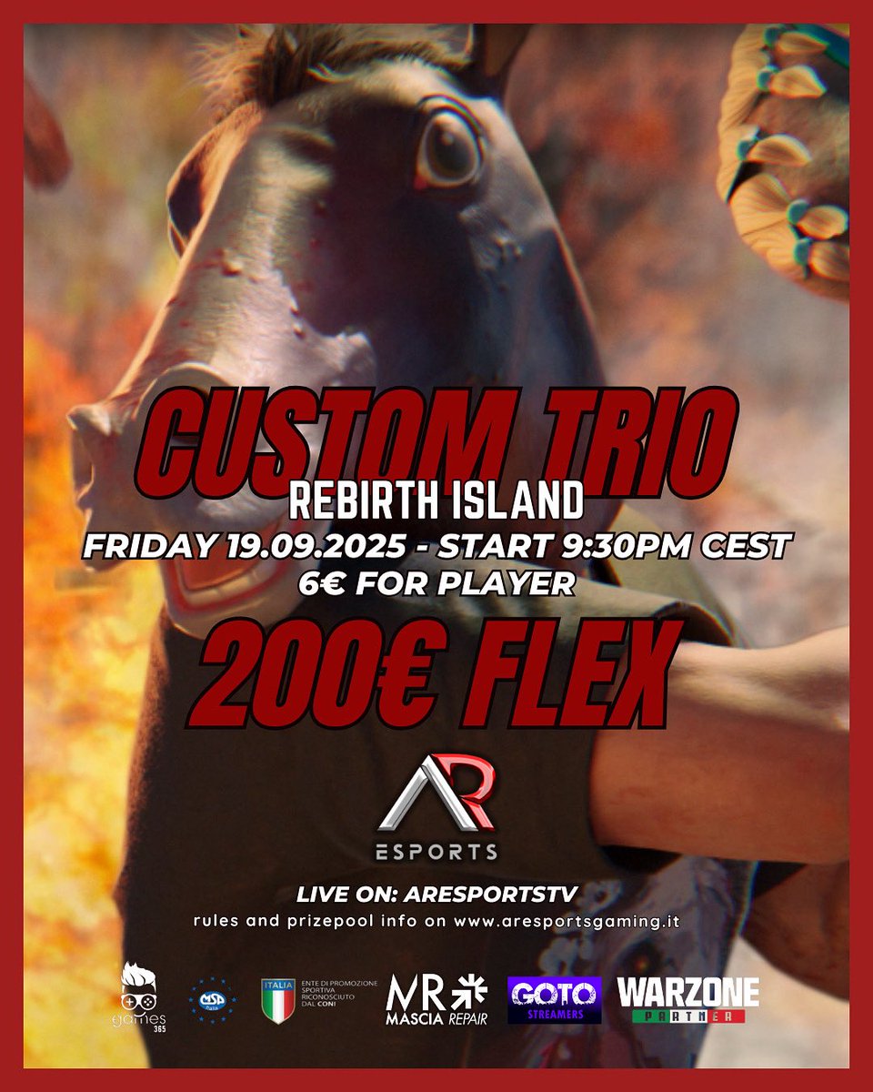 🏆CUSTOM TRIO 🏆

🗓️| 19 SEPTEMBER 9:30PM CEST
🔥| REBIRTH ISLAND
💰| PRIZEPOOL 200€ FLEX
👤| 5 GAME BO4 + SOLO YOLO
📍| HOST EU
🔴| COMMENT FOR SPOT

#CallofDuty  #Warzone  #champs