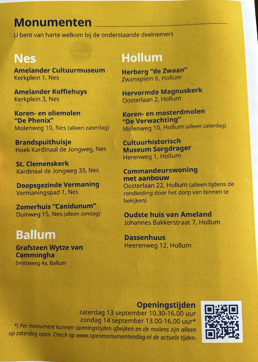 Dag 2 Open Monumentendag op #Ameland. Vanaf 13.00 tot 16.00 uur zijn er weer diverse commandeurswoningen, kerken en andere monumenten geopend. Het is prachtig weer dus grijp uw kans! Doe mee aan de rondleidingen vanaf 13.30 uur in de drie dorpen. Bekijk onze exposities! #omd2025