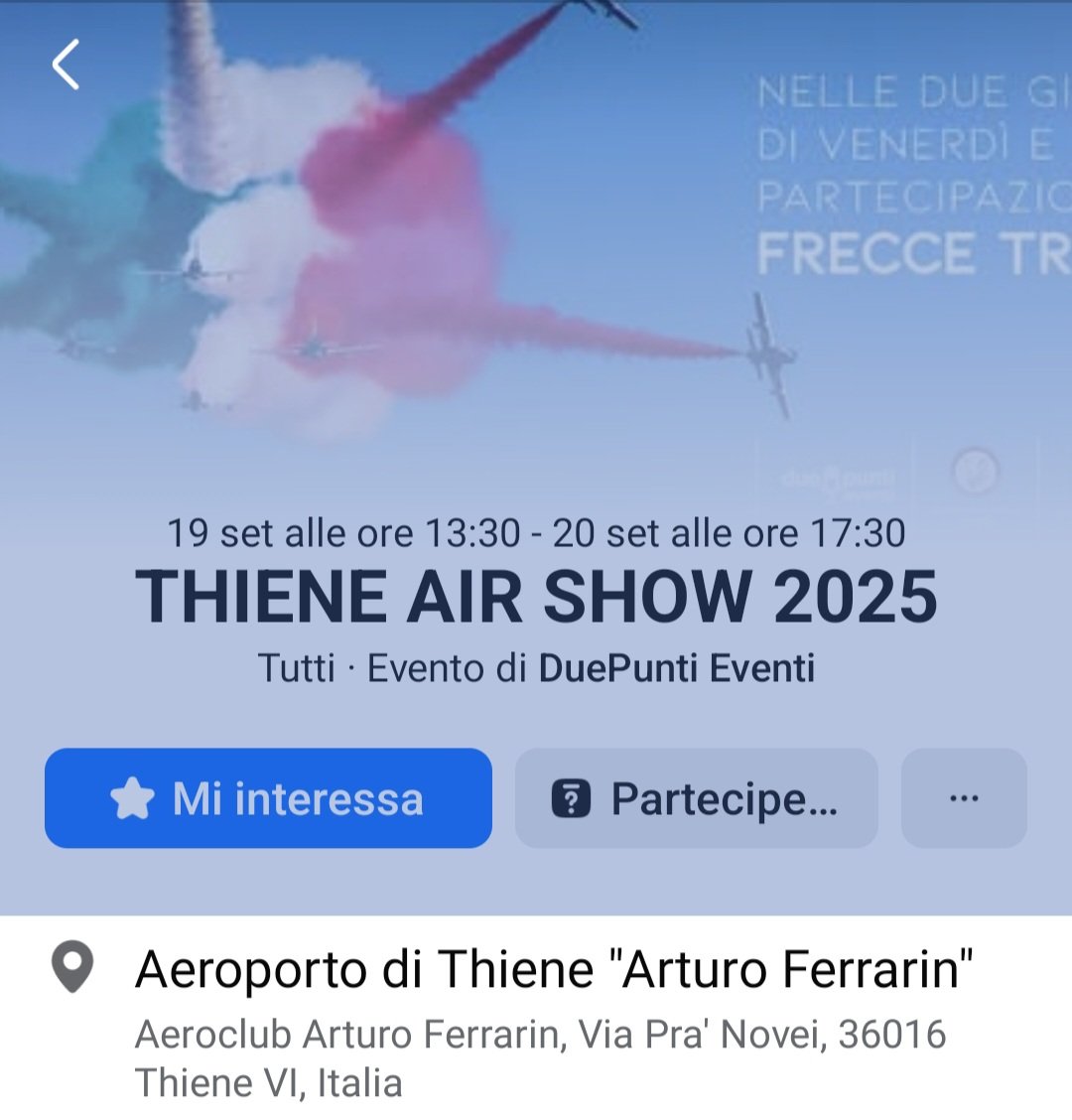 Spazio_Aereo_FT's tweet image. #THIENE AIR SHOW 2025 con le #FrecceTricolori 
Il 19 e 20 settembre il cielo di Thiene si trasforma in un grande spettacolo. All’Aeroporto Arturo Ferrarin ti aspettano due giornate dedicate all’aviazione, con musica live, dj set, food truck, area beverage e spazi x famiglie. Info