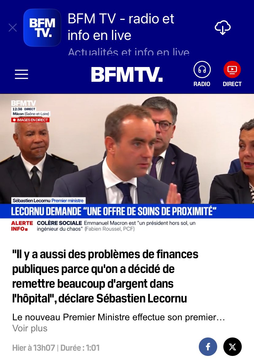 BFM a supprimé ce tweet de son fil X mais l’article est toujours en ligne. 

Quelle dinguerie ! 

— Lecornu : « il y’a des problèmes de finances publiques parce qu’on a décidé de remettre beaucoup d’argent dans l’hôpital. » 🤡