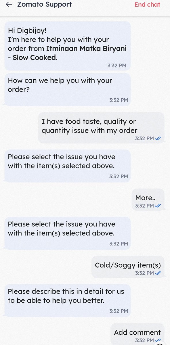 sarkari's tweet photo. @zomato @zomatocare @Zomato_delivery Absolutely unhelpful. What is the point of having a 'customer care' when you close the chat without addressing the issue. Order ID 7271356662. @Itminaan_b expected edible food from you. Had to discard the whole thing. https://t.co/BBS4cMasLZ