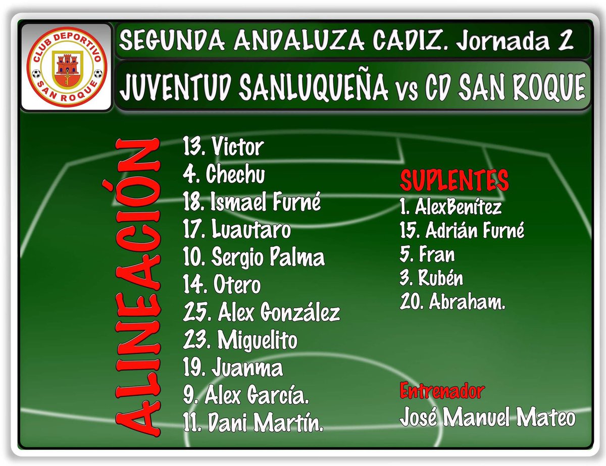 Ya tenemos alineación para el partido que va a comenzar en breves instantes.
JUVENTUD SANLUQUEÑA vs CD SAN ROQUE
VAAAAAAAMOOOOOSSSS ROJILLOOOOOOSSS!!!!