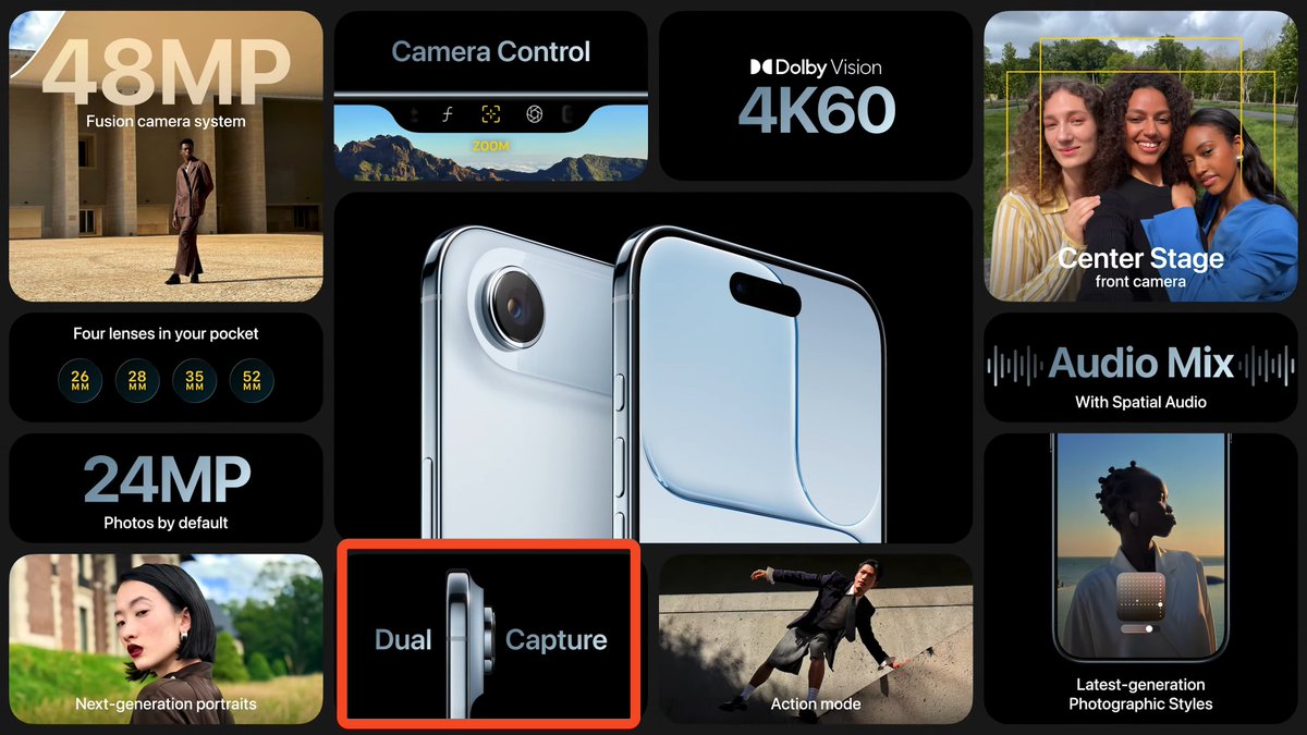 Cartidise's tweet image. Apple is the only company in the world that can get away with artificially locking 

a 12-year-old software feature which they introduced now

Dual capture is only available on the iPhone 17 series &amp;amp; the Air for some reason