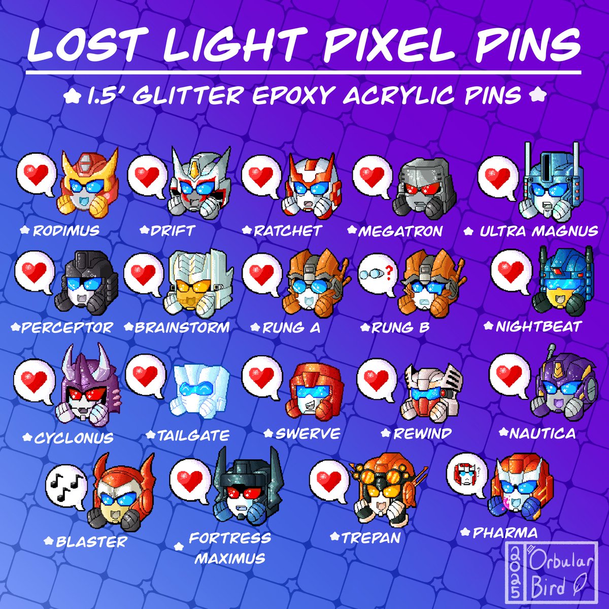Pixel goodies ⭐️ I’ve never done acrylic pins before and Ive wanted to try them out so I did a batch in pixel mode! 
1.5’ tall, with a glitter epoxy on top. I’m so excited for these to arrive in a few weeks! 

#transformers #lostlight #mtmte #maccadams