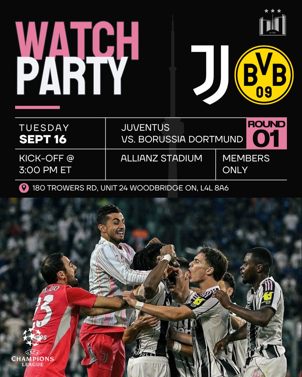 juveclubto's tweet photo. It's officially Champions League watch party SZN.

📅 Tuesday, September 16th
🕒 3:00 pm

Doors open at 2:30 pm. See you then!

#Juventus #Juve #ForzaJuve #JOFC #JOFCToronto #SerieA #UEFA #UEFAChampionsLeague https://t.co/SncsVolrSO