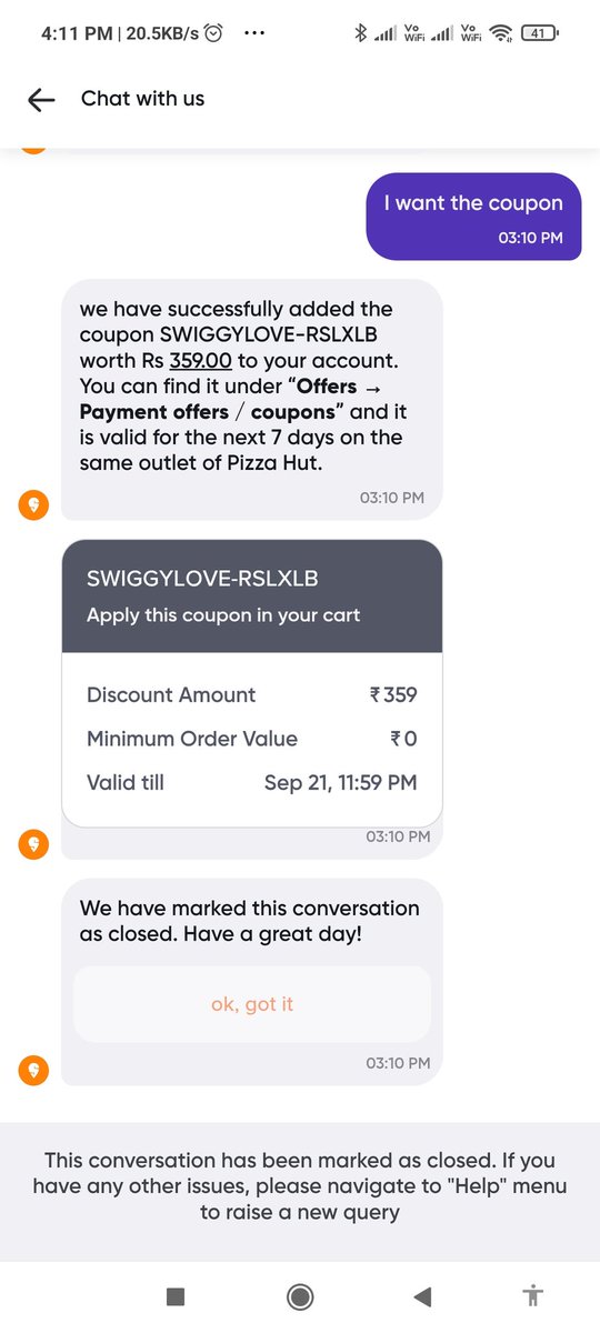 sunilsingh30's tweet image. Hi @Swiggy I have made  one order ,once I received the delivery i found that one article is short ,they offer me one discount coupon but not be a able to use it ,plz look into it
