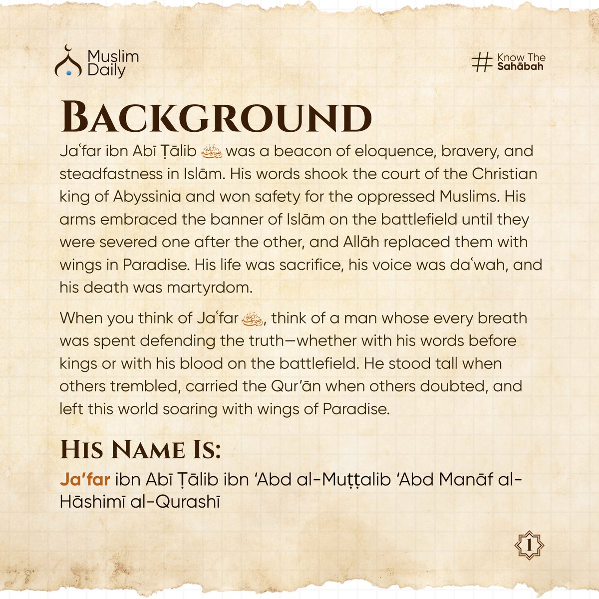 MuslimDaily247's tweet image. His arms embraced the banner of Islām on the battlefield until they were severed one after the other, and Allāh replaced them with wings in Paradise. His life was sacrifice, his voice was daʿwah, and his death was martyrdom.
#CompanionsOfTheProphet #SahabahSeries #IslamicHistory