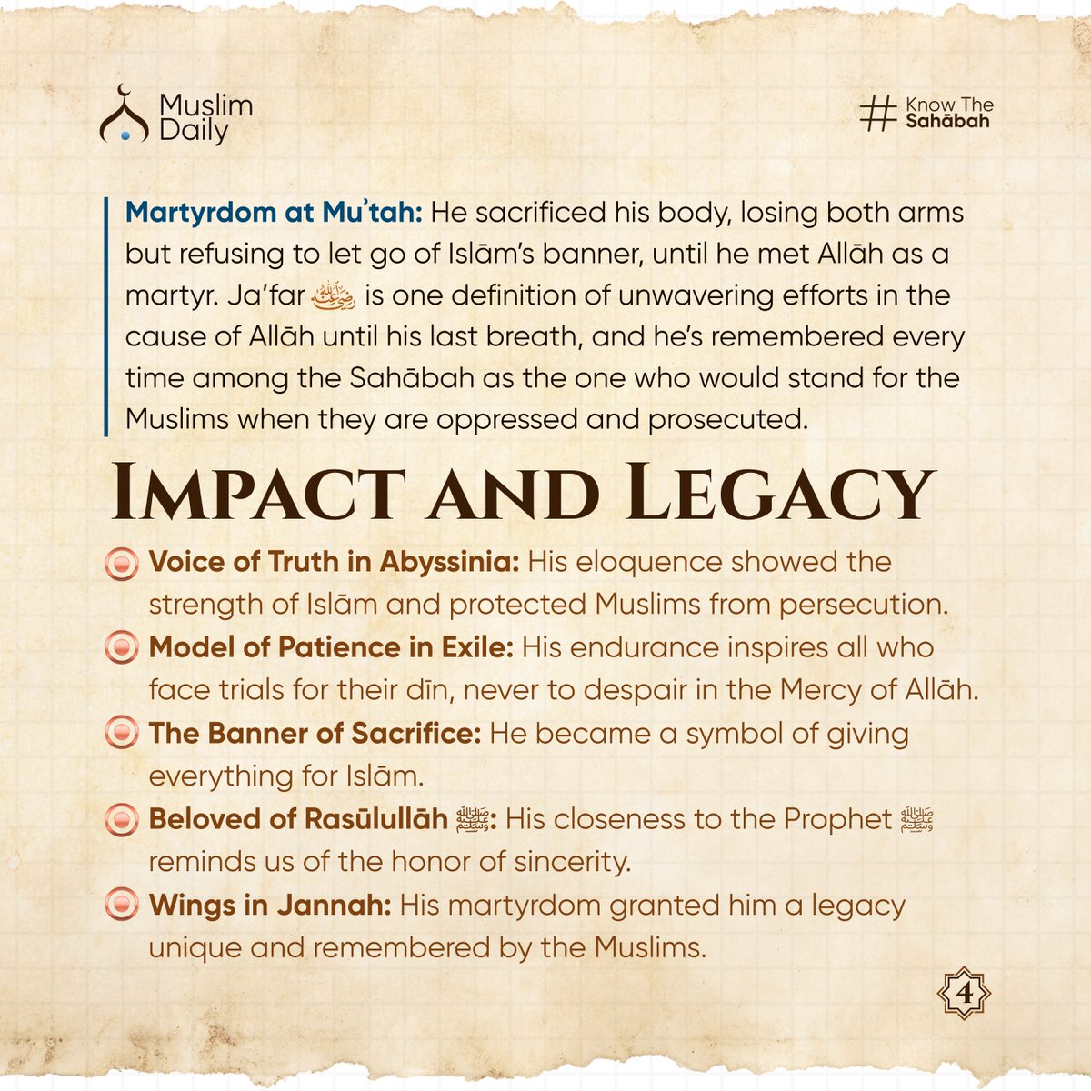 MuslimDaily247's tweet image. His arms embraced the banner of Islām on the battlefield until they were severed one after the other, and Allāh replaced them with wings in Paradise. His life was sacrifice, his voice was daʿwah, and his death was martyrdom.
#CompanionsOfTheProphet #SahabahSeries #IslamicHistory