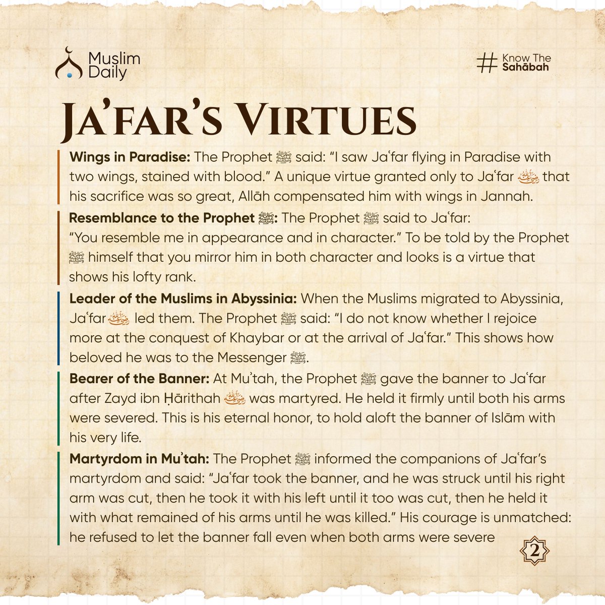 MuslimDaily247's tweet image. His arms embraced the banner of Islām on the battlefield until they were severed one after the other, and Allāh replaced them with wings in Paradise. His life was sacrifice, his voice was daʿwah, and his death was martyrdom.
#CompanionsOfTheProphet #SahabahSeries #IslamicHistory