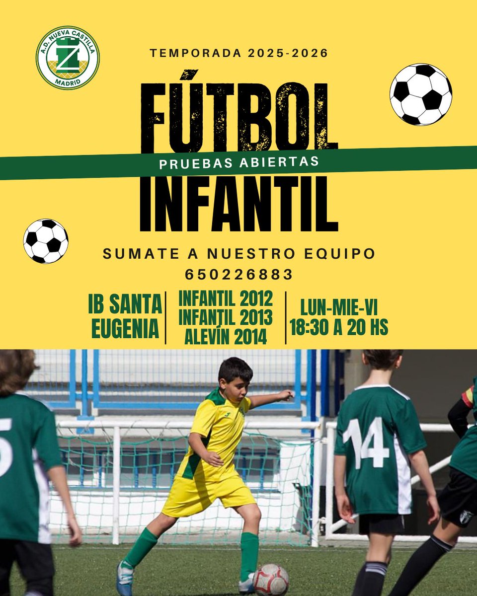 Semana de pruebas para nuestros equipos Infantiles !!!!

Ven a probar con nosotros 💪🏼⚽

#ADNuevaCastilla💛💚