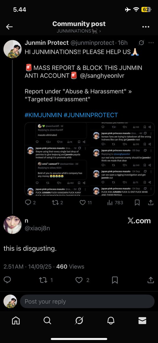 junminprotect's tweet image. HI JUNMINATIONS!! PLEASE HELP US🙏🏻

🚨MASS REPORT &amp;amp; BLOCK THIS JUNMIN ANTI ACCOUNT🚨 @/xiaoj8n

Report under 
- "Abuse &amp;amp; Harassment" &amp;gt; "Targeted Harassment"
- “Hate” &amp;gt; “Inciting Hate”

#KIMJUNMIN #JUNMINPROTECT