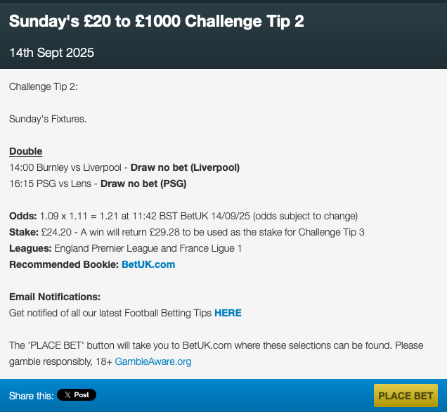No1TFT's tweet photo. Sunday's £20 to £1000 Challenge Tip 2

Visit our website for the rest of Sunday's betting tips                                                

#TopFootballTipster #BettingTips #BettingChallenge https://t.co/degHbJ6xhQ