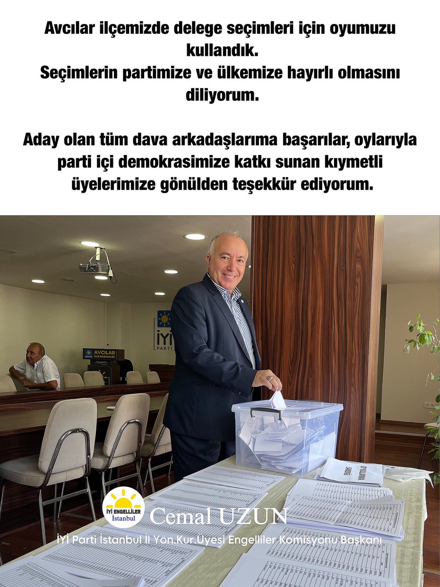 Avcılar ilçemizde delege seçimleri için oyumuzu kullandık.
Seçimlerin partimize ve ülkemize hayırlı olmasını diliyorum.

Aday olan tüm dava arkadaşlarıma başarılar, oylarıyla parti içi demokrasimize katkı sunan kıymetli üyelerimize gönülden teşekkür ediyorum.
<a href="/Yucel_Coskun/">Yücel Coşkun</a>