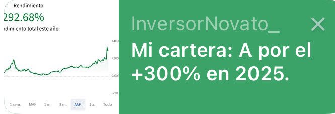 +292% en 2025 🟢

Sí, está siendo un gran año.

Y en mi nuevo artículo te enseño las empresas que tengo en cartera.

Además de otras 4 que sigo muy de cerca.

Puedes verlo desde comentarios ✅