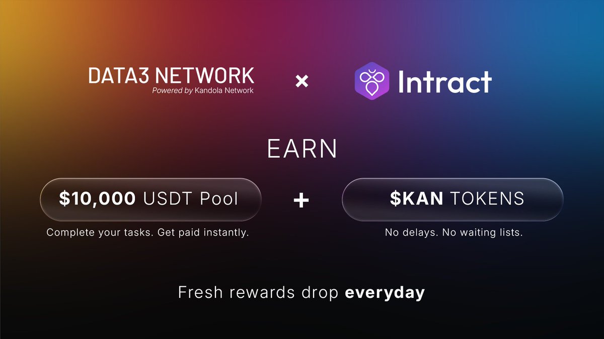 🔥 NEW Quest on <a href="/IntractQuests/">Intract Quests</a>  — Create &amp; Trade
 
Build a AI Persona ✅
Do a trade (buy or sell) ✅

Share a slice of the 10K USDT + $KAN

First-come, first-serve — daily payouts to your wallet 🚀
No waiting!!

Create &amp; Trade → data3.network

Quests