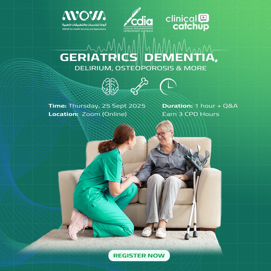 anovahealthksa's tweet image. Registrations Open!

Join our Clinical Catchup Series webinar on Geriatrics (dementia, delirium, osteoporosis &amp;amp; more).

- Sept 25 | 1500 AEST | 0800 KSA
- Earn 3 CPD hrs + certificate
- $36.50 AUD (+GST)

Register: cdia.com.au/clinical-catch…

#ClinicalCatchup #MedicalCoding