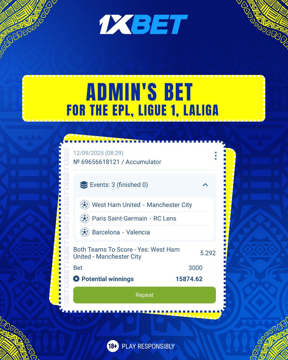 1xbetngofficial's tweet photo. Admin’s Express of the Day 🎯
🔥 Today’s combined express from the top leagues:
EPL: Both teams to score
Ligue 1: Home win & Over 2.5
LaLiga: Home win & Over 2.5
All rolled into one accumulator — now let’s wait for the outcome! 🚀
#1xBet #1xBetFootball #ExpressBet https://t.co/jrSdThMzDY