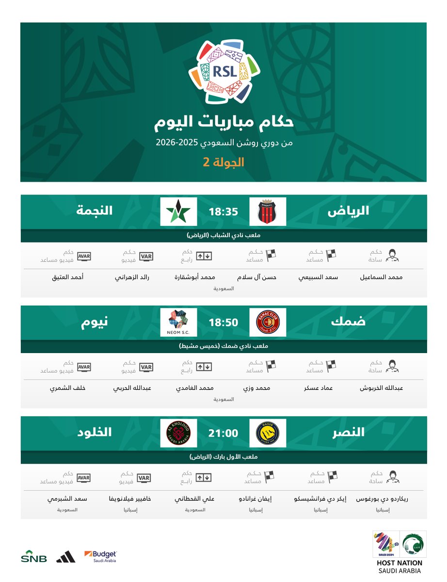 saudiFF's tweet photo. حكام مباريات اليوم ضمن الجولة الـ2 من ⁦@SPL⁩ ⚽️🔽 https://t.co/N8MvC1eKIB