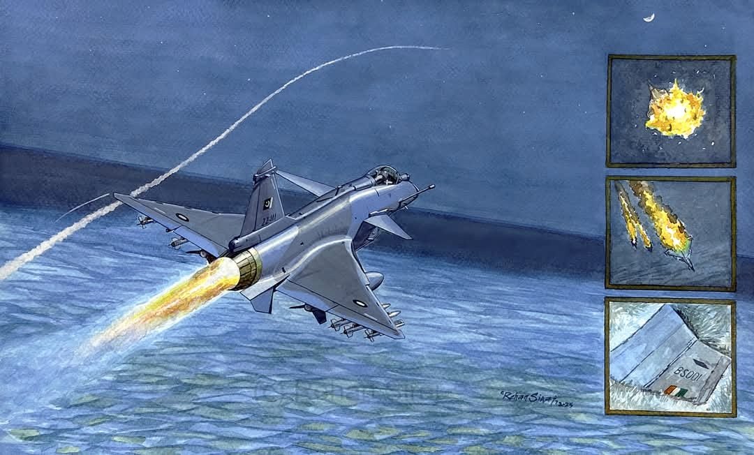 New painting depicts a PAF J-10CE, shooting down an Indian Rafale on the night of 7th May 2025 at 0040hrs PST.

10 x 16 inches (unframed)- water and poster colors.

#Pakistan #PakistanAirForce #j10 #7may #aviationart #aviation #paf #painting #watwrcolors