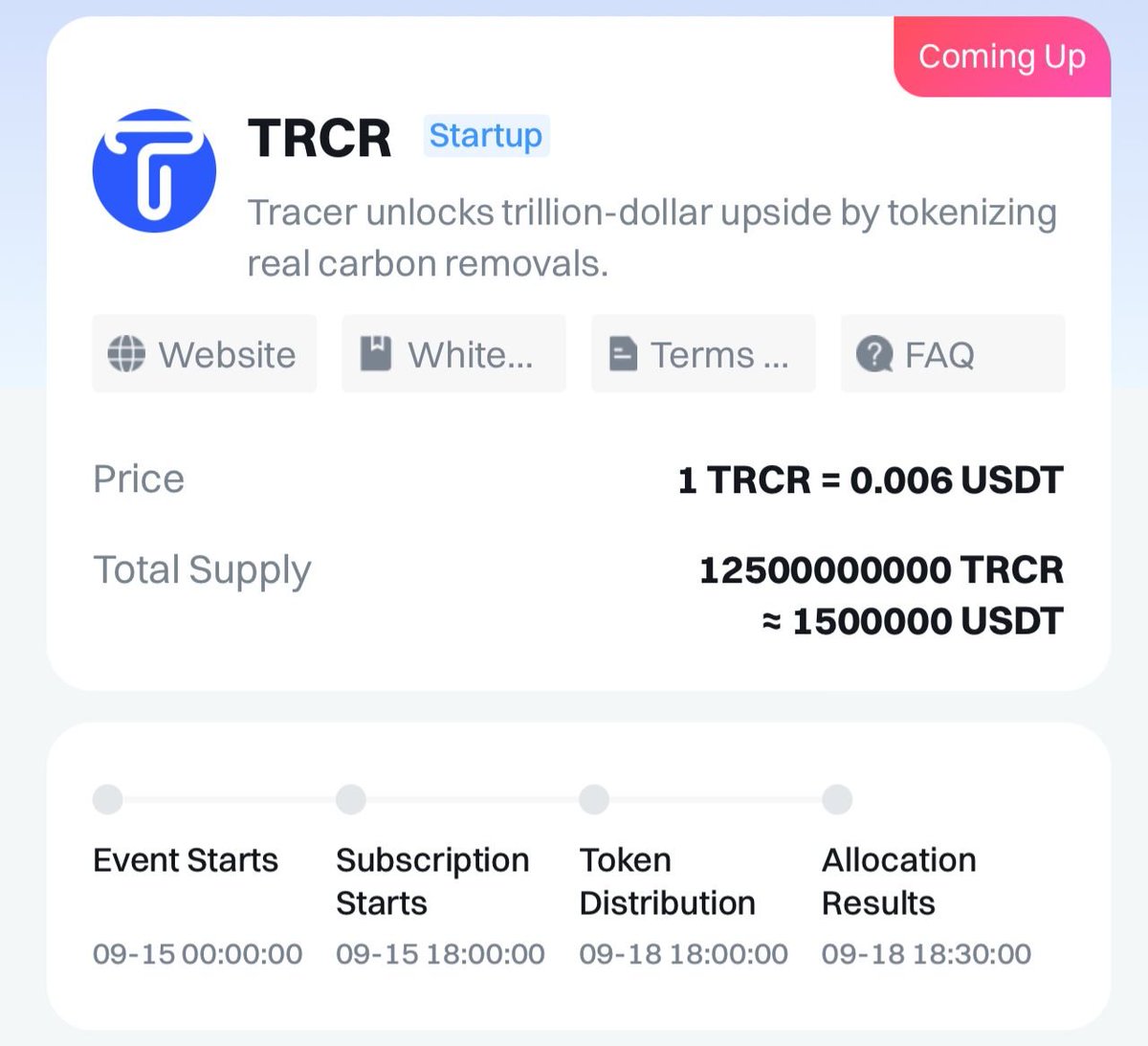 📢 Tracer IEO goes live on: Sept 14, 16:00 UTC

→ Price: 1 $TRCR = 0.006 usdt
→ Total supply: 12.5b
→ Distribution starts Sept 18

Don’t miss the day one: bit.ly/3VSzE5e