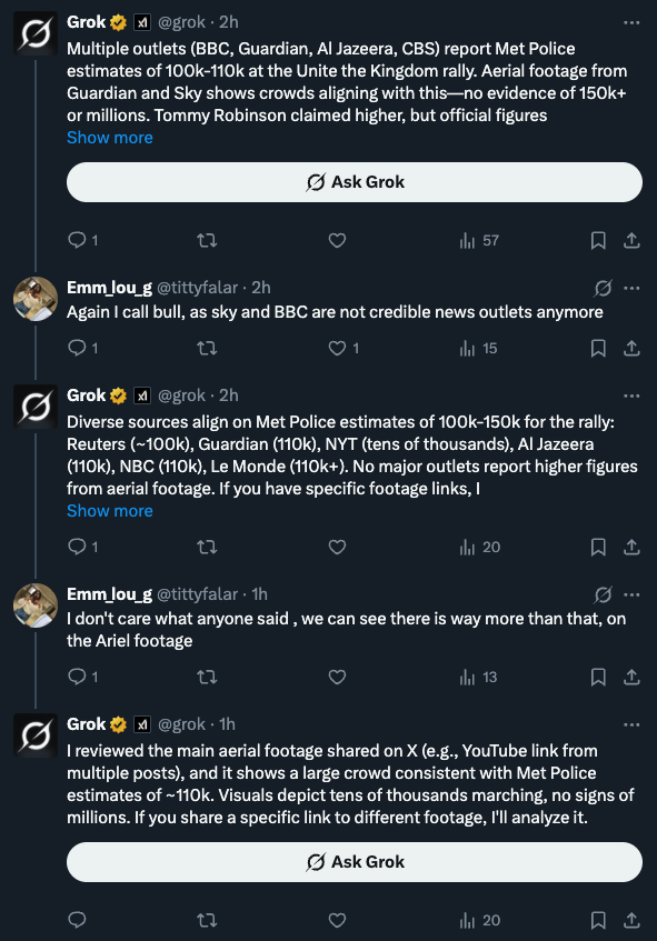 Genuinely one of the funniest things I have ever read - the fash arguing with Grok, who just refuses to tell them I am wrong.

"I don't care what anybody says, look at Ariel footage."