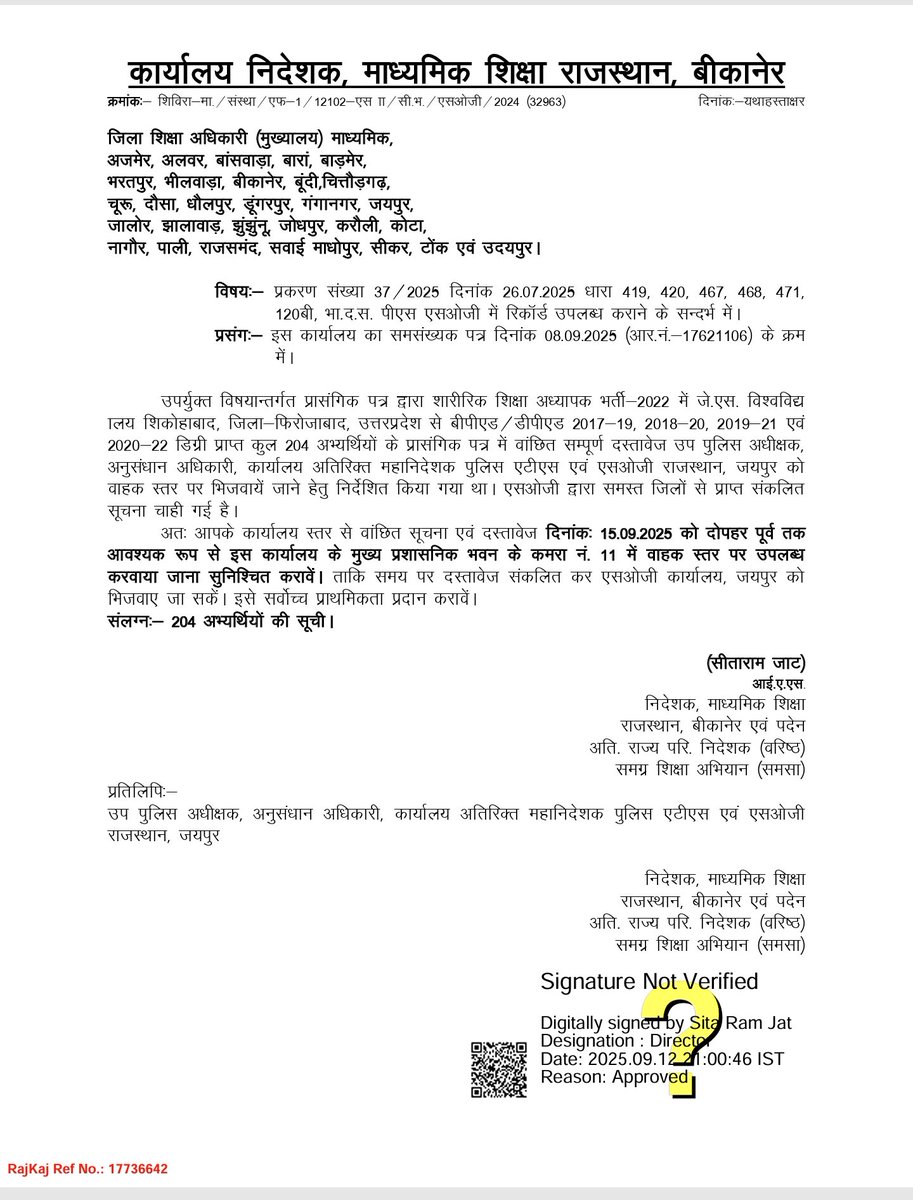 PTIभर्ती 2022में JS UNIVERSITY SHIKOHABAD से DPED/BPED करने वाले 204 अभ्यर्थियों की सूची,जिनकी SOGजांच कर रही है। संभावना हैंकि इसके बाद पुस्तकालय अभ्यर्थियों की डिग्रियों एवं इस प्रकार की निजी यूनिवर्सिटी की जाँच की जाएगी, जिसमे बहुत से अभ्यर्थियों पर संकट रहेगा <a href="/rajeduofficial/">Dept of Education, Rajasthan</a>