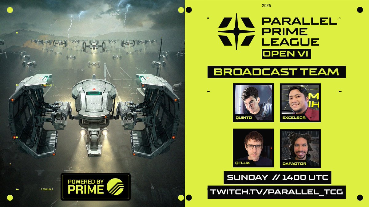 Join casters <a href="/0xquinto/">//Quinto</a>, <a href="/excelsorph/">excelsor #dadlegend</a>, <a href="/quixoticflux888/">qFlux888</a>, and <a href="/dafaqtor/">dafaqtor //</a> as they call the play-by-play.

Only on: twitch.tv/parallel_tcg