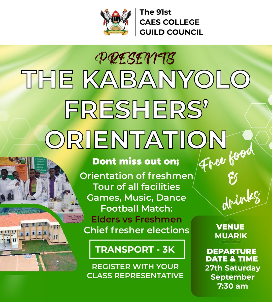 Gallant freshmen and women. 
We are excited to invite you to the Kabanyolo freshers' orientation — an chance to be guided through the research facilities, discover a whole new campus life, and enjoy a day full of engaging activities and fun.
MUARIK is ready to welcome you!🎉