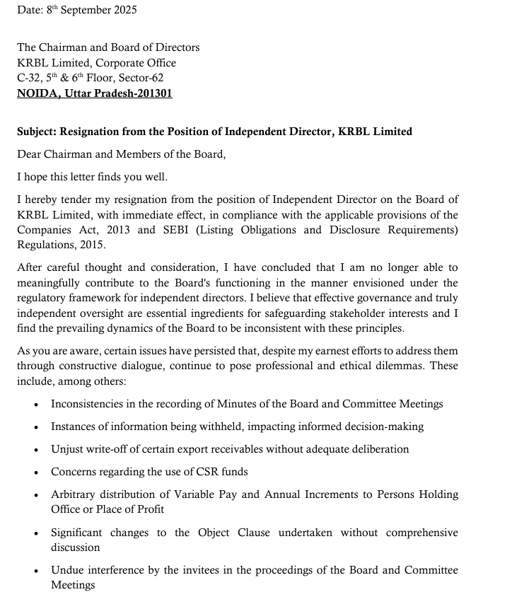 BhartiyNiveshak's tweet photo. #KRBL Anil Kumar Chaudhary resigned as Independent Director effective Sept 8, 2025, citing governance, withheld information, CSR and pay concerns while this was updated to exchange on 9 Sep itself but letter was uploaded to exchange only on 13 Sep, 2025.

As parting shot, he writes a bombshell of a letter in his resignation. He joined board of KRBL only in 20 August, 2024. His profile as shared by KRBL is shared. 

Not such a big deal but lapse on KRBL part to not upload it on 9 Sep itself.