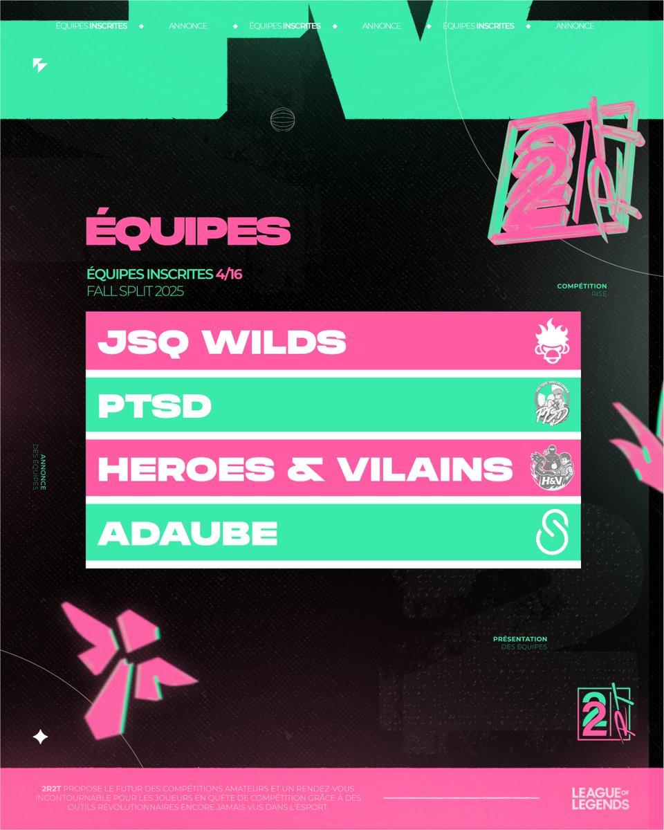 C'est parti pour les annonces des équipes participantes ! 🔥🔥🔥

La <a href="/JungleSquad_GG/">Jungle Squad</a> revient avec une nouvelle équipe pour défendre une nouvelle fois leurs titres 🏆🏆

Retrouvez aussi <a href="/PTSD_GOAT/">PTSD</a>, <a href="/HeroesnVilains/">Heroes & Vilains</a> et <a href="/AdaubeLoL/">Adaube</a> qui viendront tenter leur chance !