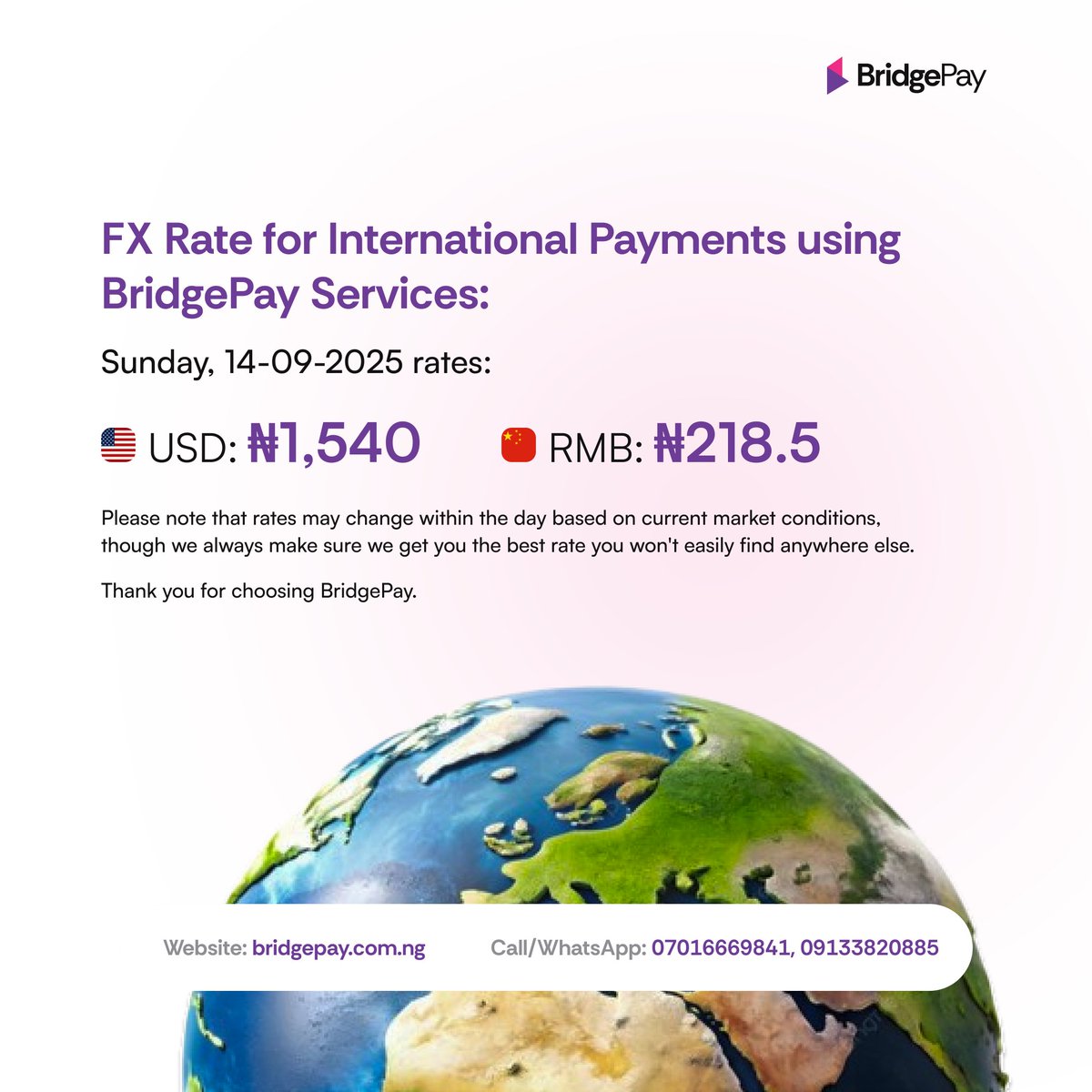 Shop Globally 🌍, Pay Locally.

From online shopping to cloud services, exam fees, tuition payments, and Chinese imports payments, we've got you covered.

📈 Today's live rate (Sun, 14th Sept. 2025).

To start your transaction now, send a DM.

Fast • Secure • Reliable