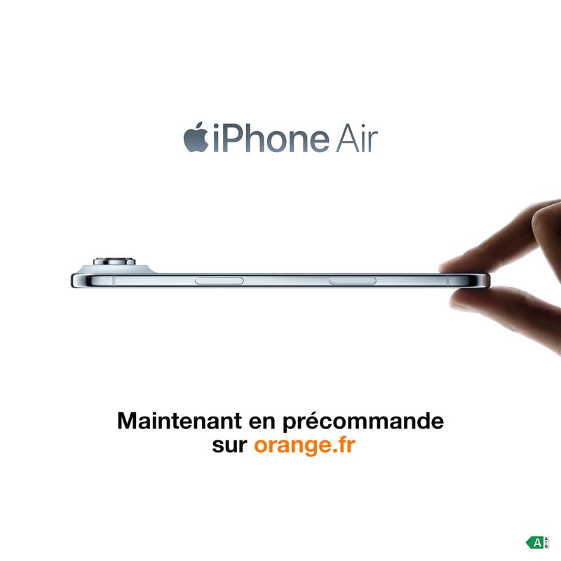 Nouvel iPhone Air, le plus fin des iPhone. Infiniment léger. Il débarque en précommande chez Orange avec 50€ de remise immédiate, pour tous, sans engagement et sans forfait, jusqu’au 15 octobre
