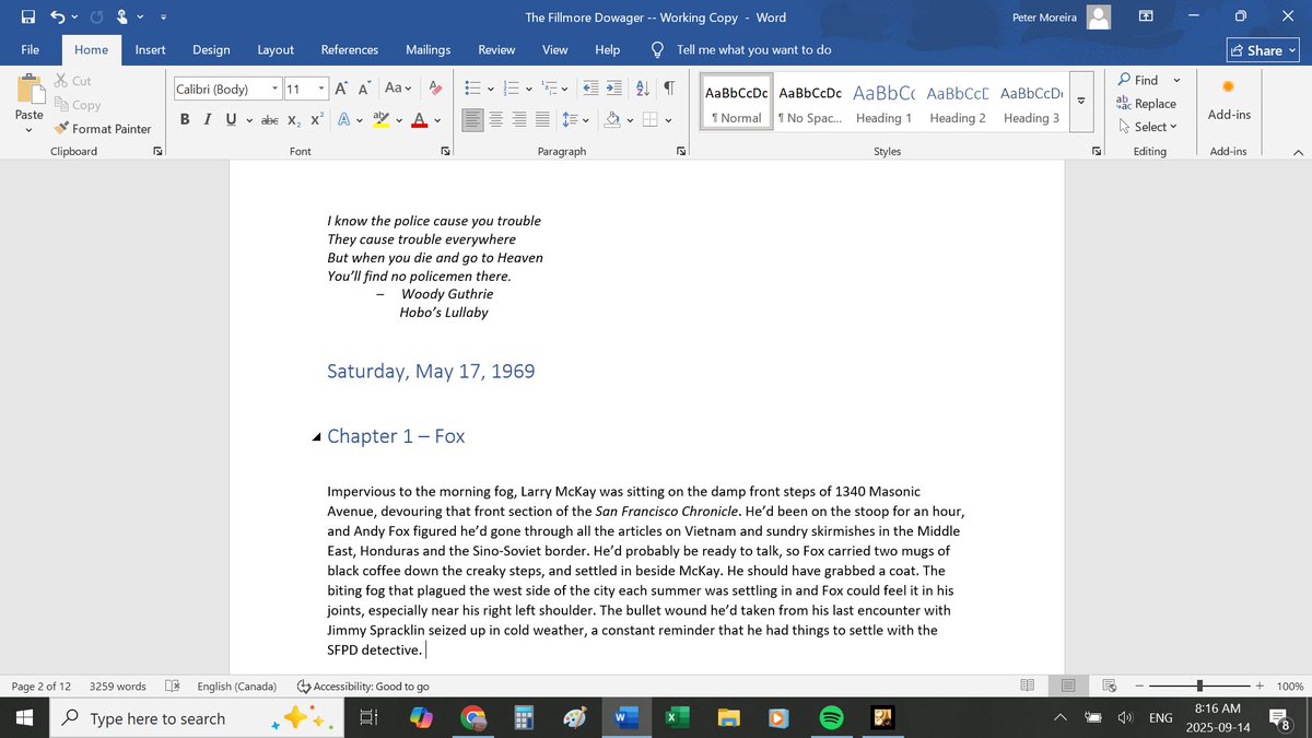 Today I started  writing Book 6 of The Haight Mystery Series. Here's the epigraph &amp;  first para of The Fillmore Dowager. The title (and probably the first para) will change  before publication. The epigraph will remain -- I like that quote. 
#crimefiction
#writerslife