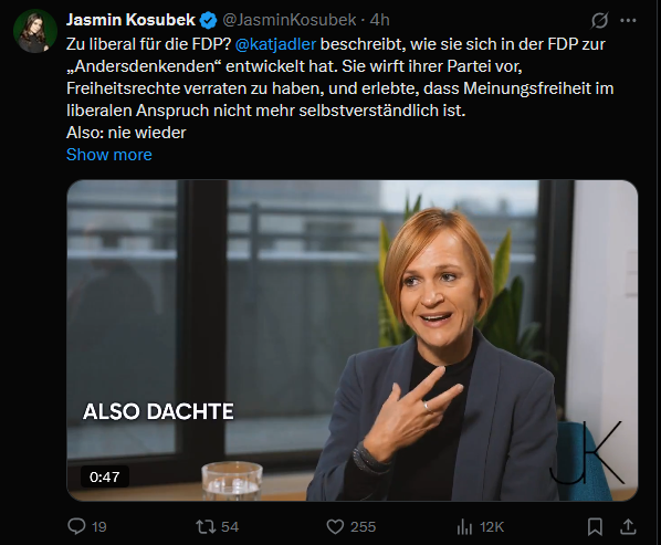 Zu banal selbst für die FDP? Von 'liberal' braucht man beim faden Martin Hagen-Plagiat ja nicht sprechen. Ich löse: sie kommt mit Widerspruch nicht klar. Auch sonst gibt's nichts zu hören, was spannend wäre. Bekanntes wiedergekäut, eine prise Opfer drauf. Over isch, Flasche leer.