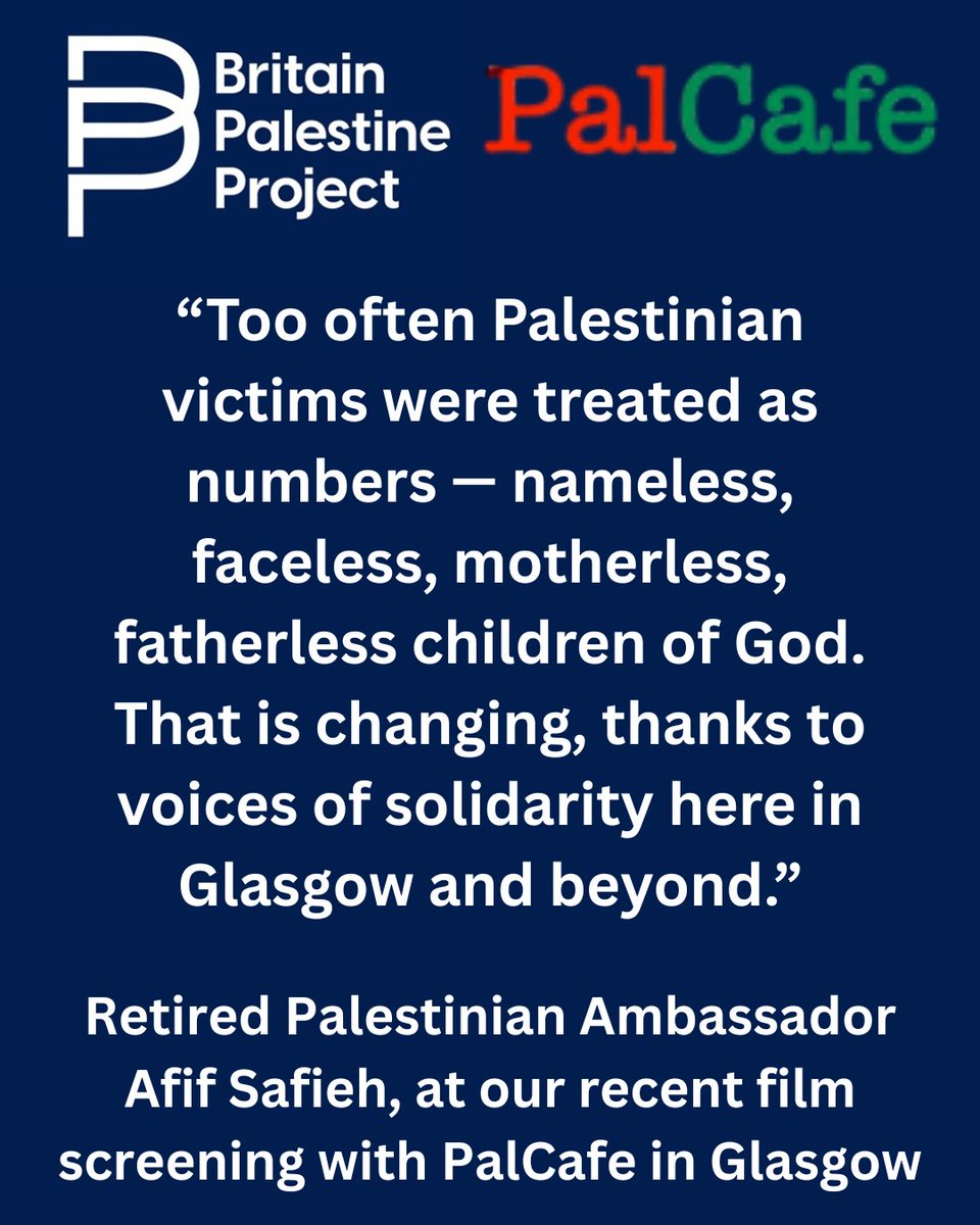BritPalProject's tweet image. Every Palestinian life matters.

Retired Palestinian Ambassador Afif Safieh at our film screening with @PalCafeglasgow

 #PalestineJustice #BeyondNumbers #PalestineMatters #PalCafe #GlasgowSolidarity